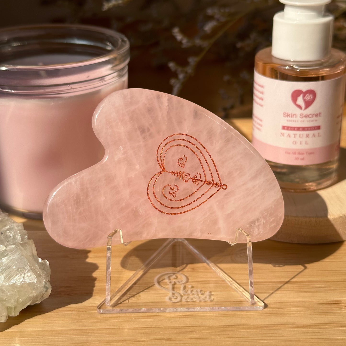 Rose Quartz Thai Yantra Gua Sha + Facial Roller Set