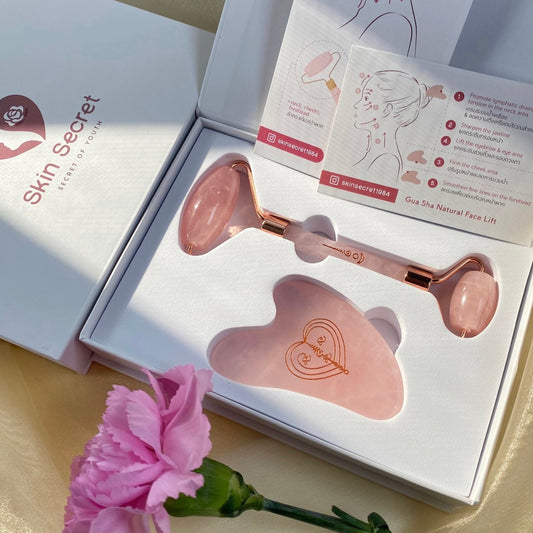 Rose Quartz Thai Yantra Gua Sha + Facial Roller Set