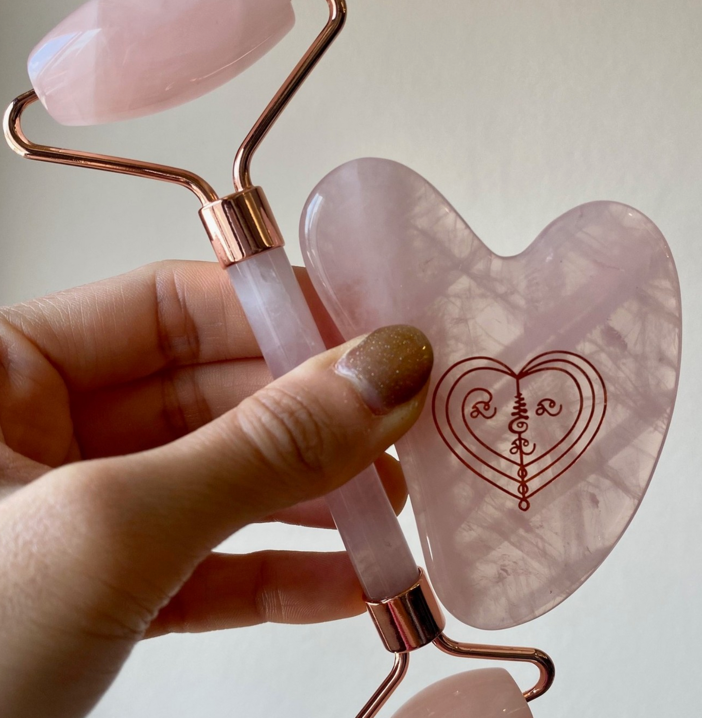 Rose Quartz Thai Yantra Gua Sha + Facial Roller Set